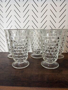 VTG Indiana Whitehall Colony Cubist Clear Glass Footed Flared Iced Tea 6" Set 5
